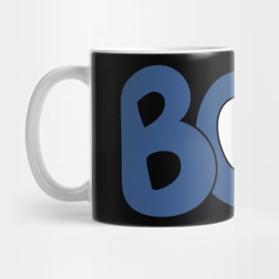 BOO text art blue bubble letters with cartoon eyes Mug